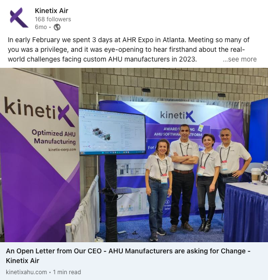 Kinetix Air LinkedIn post recapping AHR Expo Atlanta