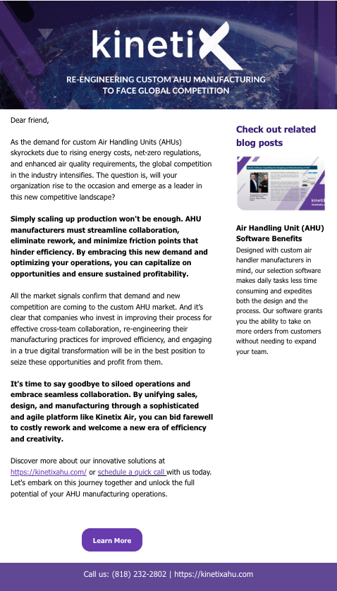 Kinetix Air email newsletter: Re-engineering custom AHU manufacturing to face global competition