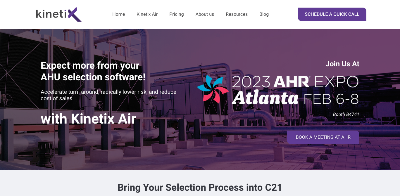 Kinetix Air website hero featuring the 2023 AHR Expo Atlanta booth promotion