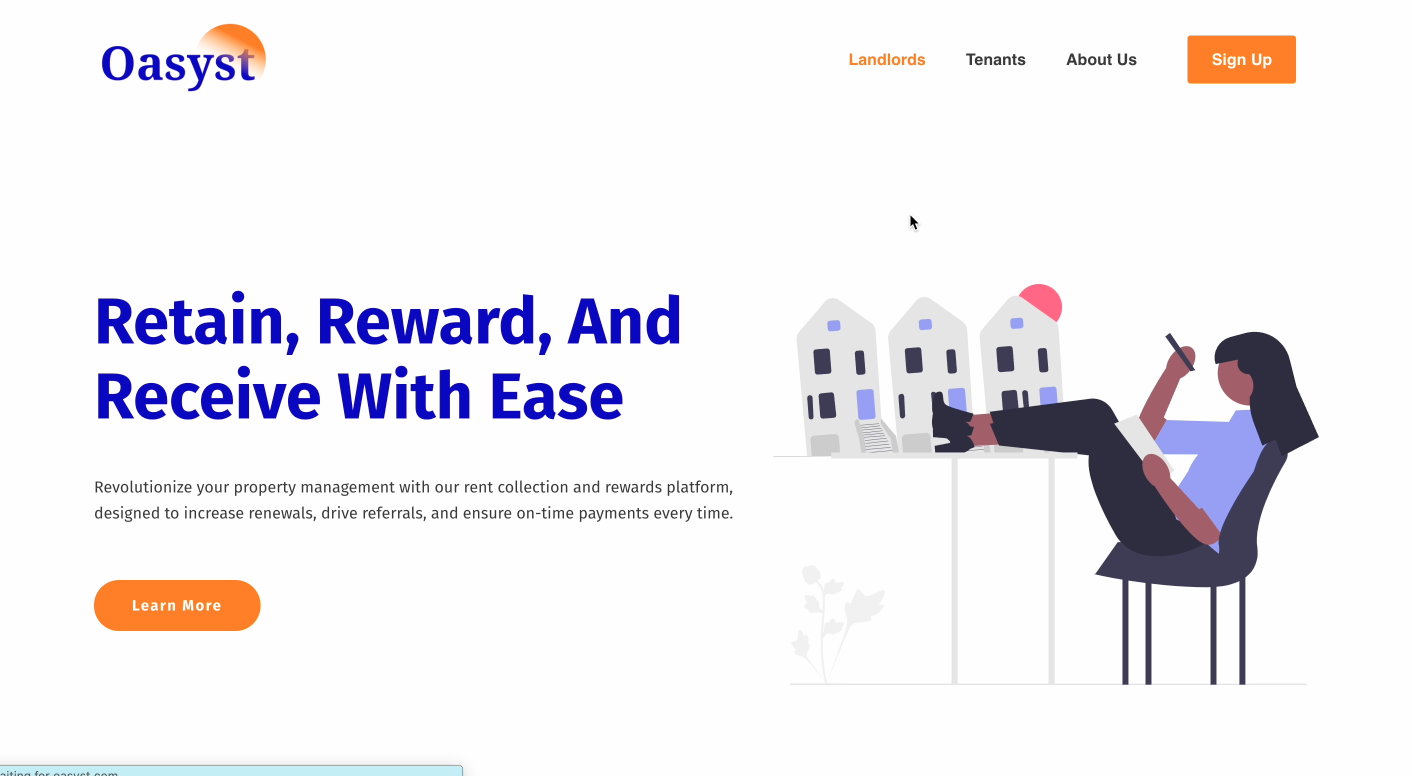Oasyst landlord landing page: Retain, Reward, And Receive With Ease — rent collection and rewards platform
