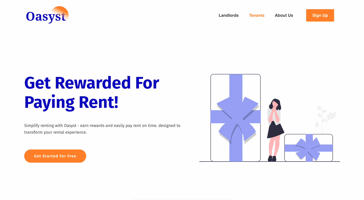 Oasyst tenant landing page: Get Rewarded For Paying Rent — earn rewards and easily pay rent on time